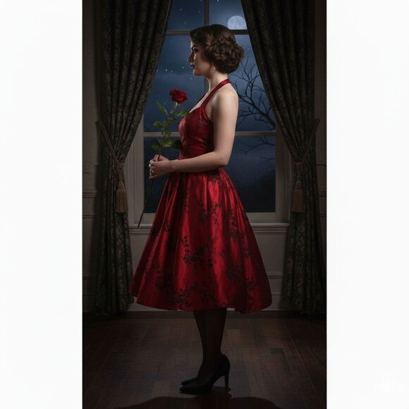 Y2K Red Halter Midi Gothic Satin Valentine's Day Prom Floral Jacquard Dress - L - Picture 14 of 16